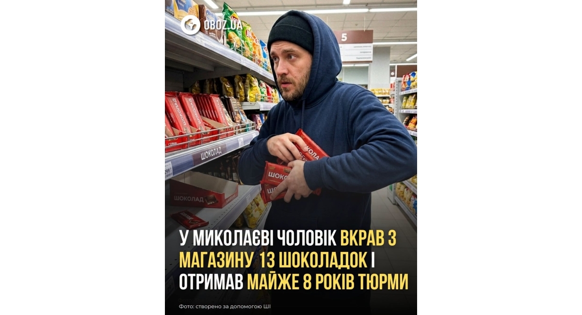 За крадіжку 13 шоколадок: Миколаїв виніс вирок – 7 років і 8 місяців ув'язнення.